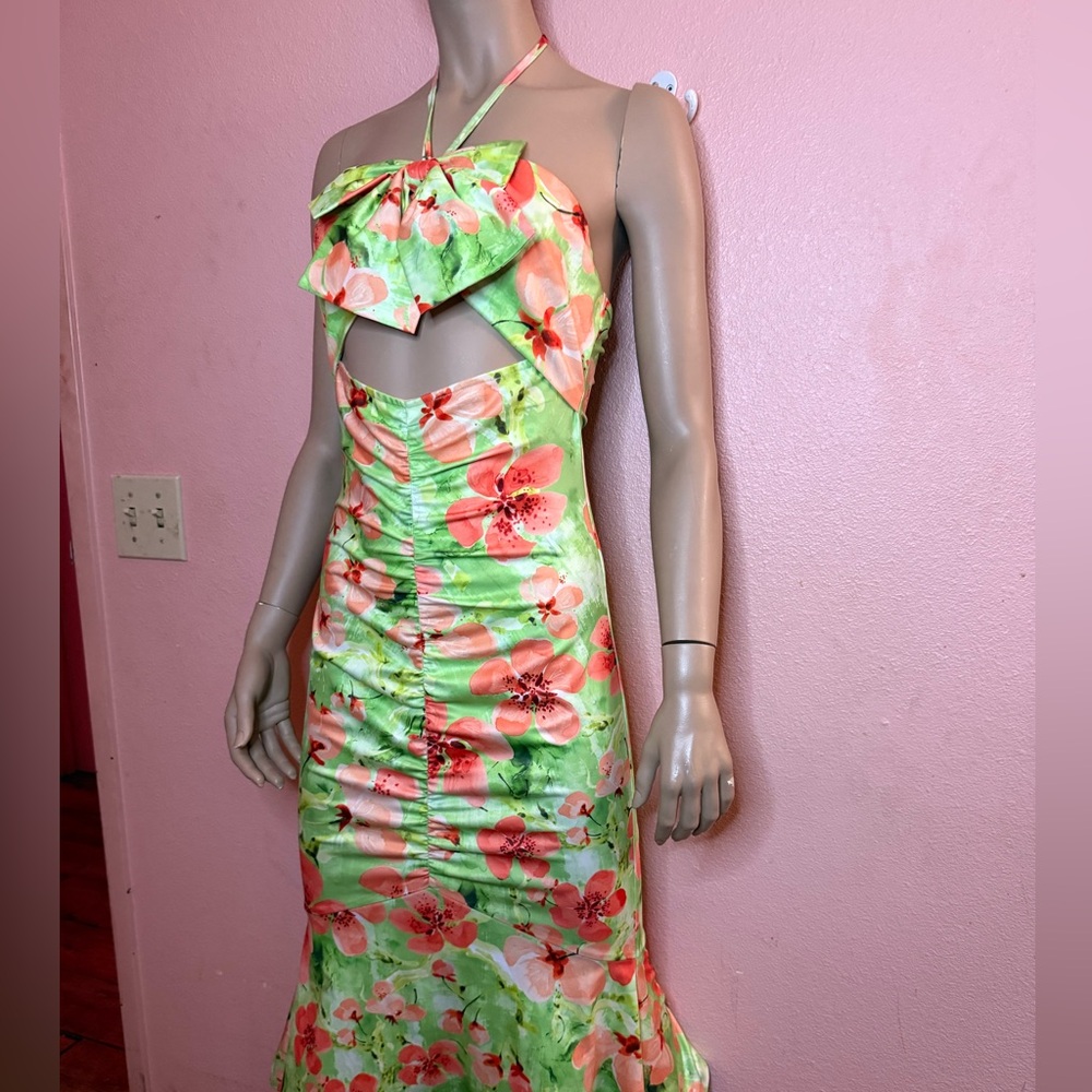 🌸 Ambition Floral Halter Cutout Midi Dress | Bow Front | Ruched | Size S | NEW